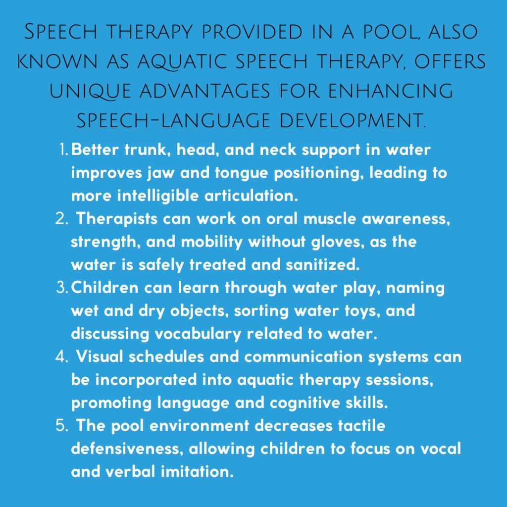 A blue box listing potential benefits of aquatic speech therapy.